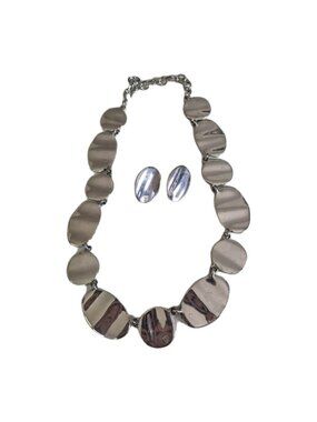 GIVENCHY Rare Estate Vintage Logo Silver Tone Wavey Disc Necklace Earring Set